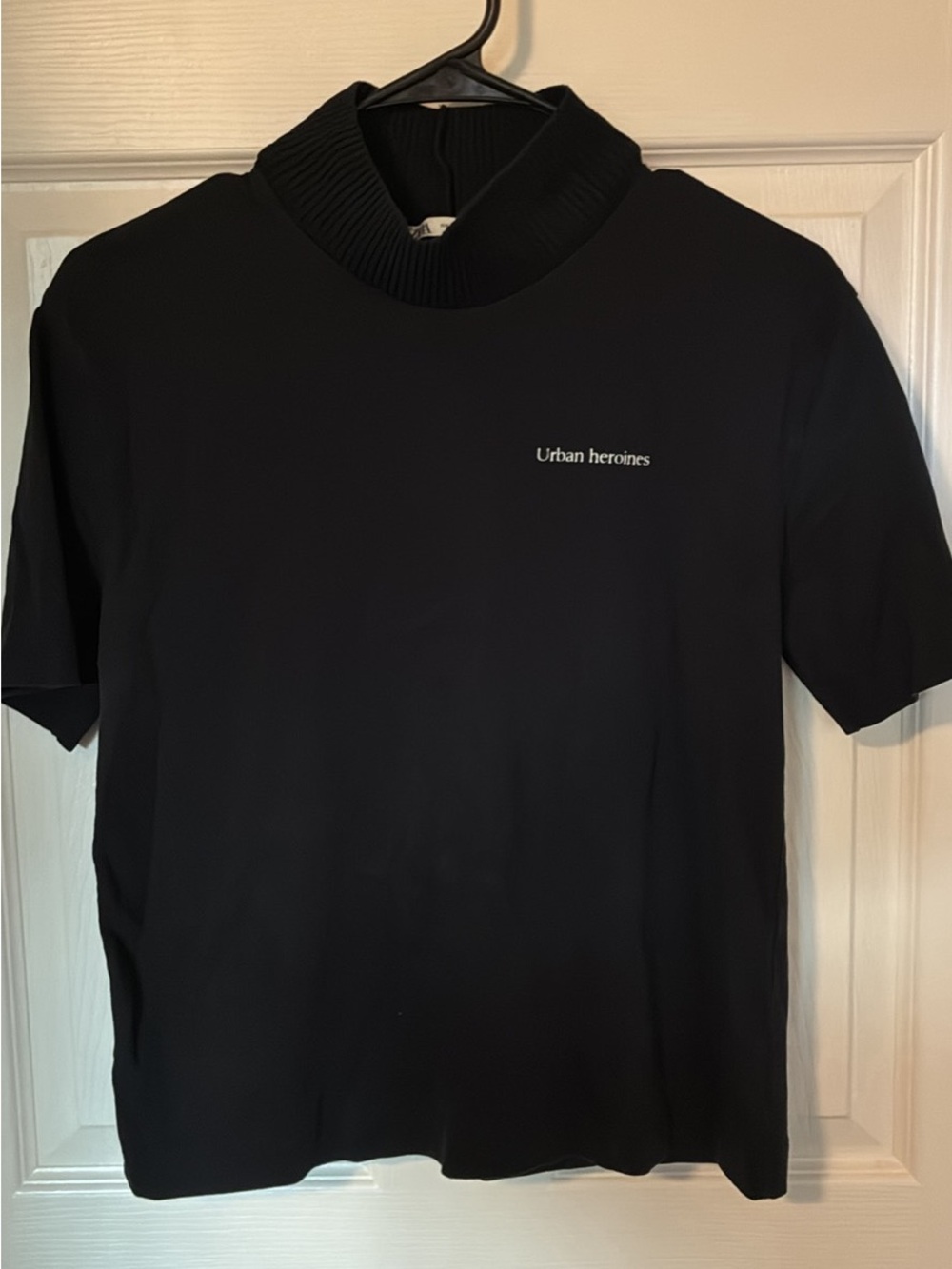 Zara Black Short-Sleeve Ribbed Mock Neck Tee